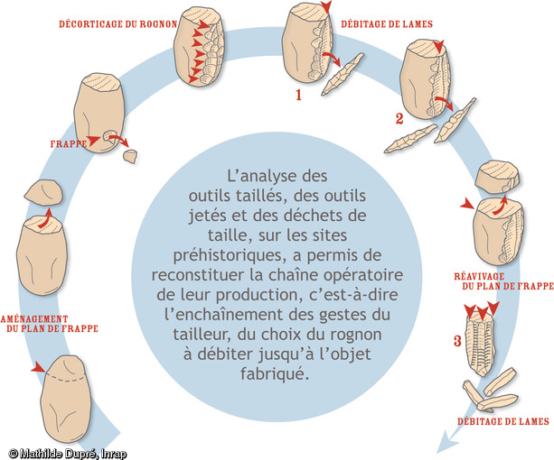 Restitution de la chaine op&eacute;ratoire de la production de lames de silex, pr&eacute;sent&eacute;e lors de l'exposition qui s'est tenue &agrave; la mairie de la commune d'Aubevoye en 2005.  Le dessin a &eacute;t&eacute; r&eacute;alis&eacute; &agrave; partir des observations faites lors des fouilles de l'habitat neolithique du site d'Aubevoye.&nbsp;&nbsp;&nbsp; 