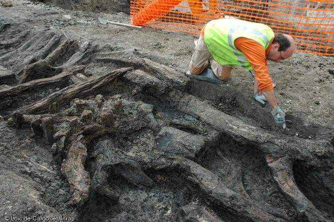 Dégagement de bois (planche, madrier, rondin) déposés ou effondrés dans un fossé, Ier s. de notre ère, Troyes (Aube), 2004-2005.  L'aménagement d'une zone artisanale en milieu humide au début de notre ère entraîne la construction d'une berge en bois et pierre ainsi que de nombreuses structures artisanales en bois (bassins de décantation, puits...). 