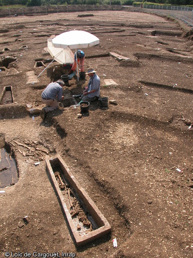 Vue générale de la nécropole de Ligy-le-Châtel (Yonne) en cours de fouille en 2005. Au premier plan un sarcophage ouvert.