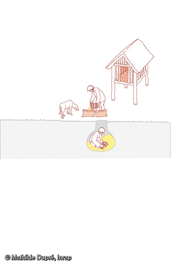 Restitutions de deux types de silos : petit b&acirc;timent &eacute;rig&eacute; sur poteaux et fosse creus&eacute;e dans le sol.