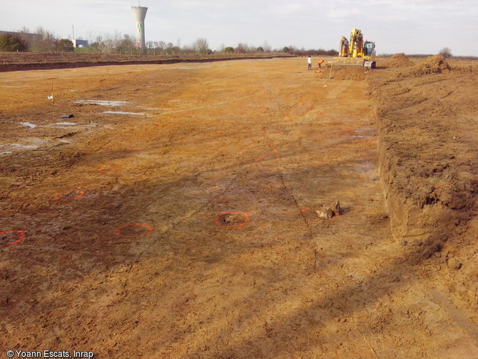 Fouille d'un domaine rural gallo-romain à Bédée-Pleumeleuc (Bretagne), 2016. Vue du site après le décapage.