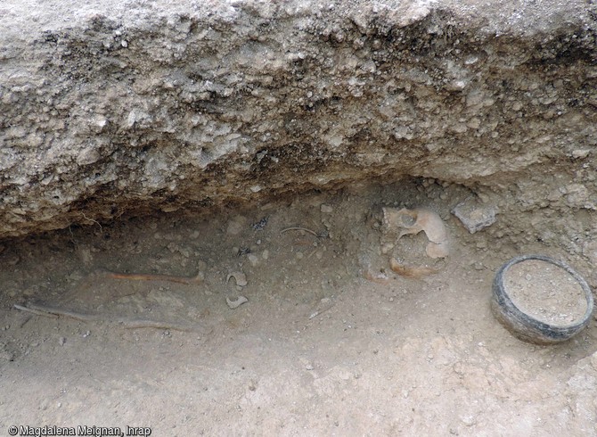 Vue d'ensemble du squelette log&eacute; dans la paroi en sape, s&eacute;pulture du cimeti&egrave;re d'enfants de l'&acirc;ge du Fer &agrave; Jort (Calvados).