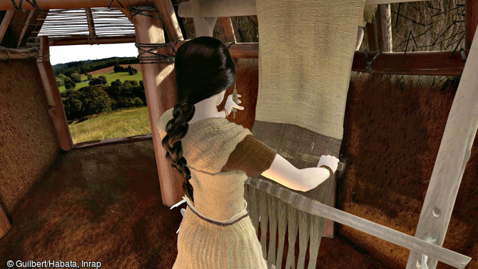 LA RÉALITÉ VIRTUELLE    Le personnage de la tisserande est modélisé par l’infographiste qui utilise les mouvements enregistrés (motion capture) lors de l’expérimentation pour les reproduire à l’identique dans l’animation 3D.