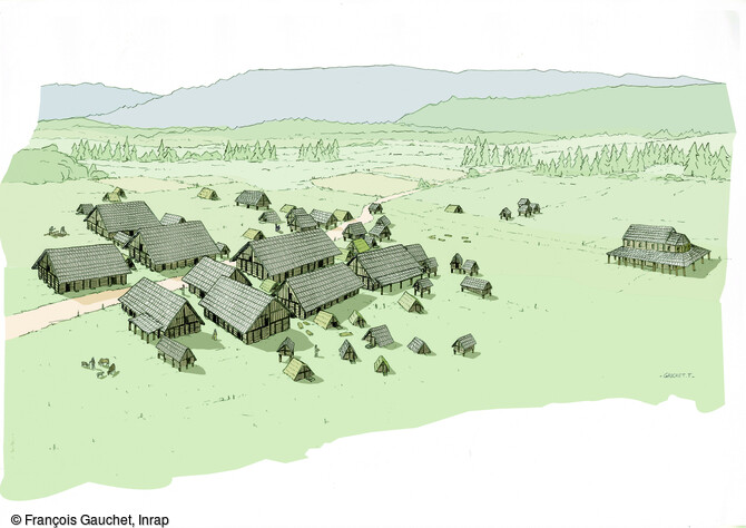 &Eacute;vocation du village m&eacute;rovingien mis au jour &agrave; Pontarlier (Doubs), en 2021. Inhabituel par son organisation, son &eacute;glise en bois&nbsp;&agrave; plan basilical et le&nbsp;riche mobilier de ses tombes, ce village &eacute;voque un centre domanial franc ayant pu jouer un r&ocirc;le dans la strat&eacute;gie de conqu&ecirc;te du royaume des Burgondes.