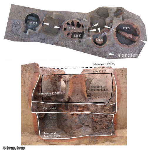 Batterie de fours utilis&eacute;s pour produire des amphores. Tous sont concentr&eacute;s sur un espace restreint et ont fonctionn&eacute; &agrave; la m&ecirc;me p&eacute;riode. Les alandiers ont &eacute;t&eacute; modifi&eacute;s sur plusieurs des structures de chauffe. L'espace r&eacute;duit &agrave; conduit &agrave; r&eacute;utiliser le laboratoire d'un premier four comme chambre de chauffe d'un second construit au m&ecirc;me endroit.