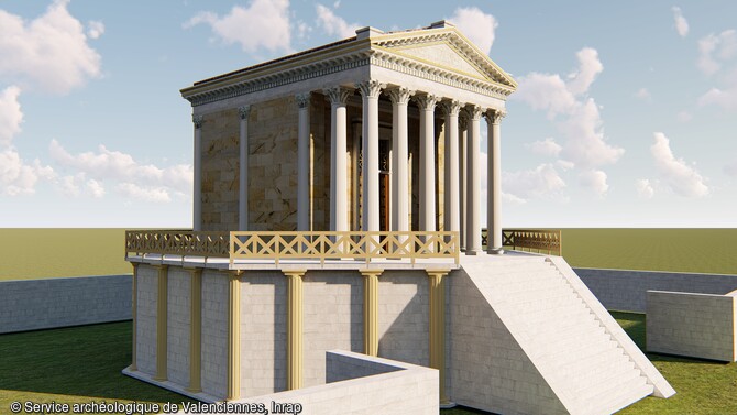 Repr&eacute;sentation d'un temple classique sur podium hexagonal illustrant une construction identique mises au jour lors des fouilles de 2009 r&eacute;alis&eacute;es &agrave; quelques dizaines de m&egrave;tres &agrave; l'ouest. Cette figuration appartient &agrave; une m&eacute;galographie repr&eacute;sentant Apollon cithar&egrave;de divinit&eacute; identifi&eacute;e dans le temple voisin.