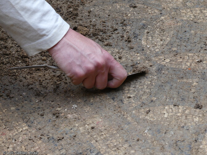 Mosa&iuml;que de la villa gallo-romaine, d&eacute;couverte lors d'un sondage du corps de ferme du ch&acirc;teau de Marigny &agrave; Fleurville (Sa&ocirc;ne-et-Loire) en 2021, en cours de fouille. 