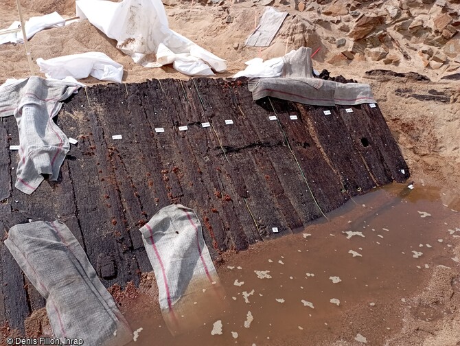 Vestiges du plancher (ou sole) de l'une des &eacute;paves des XVIIe-XVIIIe si&egrave;cles, de l'ile Coton, Ancenis (Loire-Atlantique) en 2022. Caract&eacute;ristique de la navigation fluviale et notamment de la Loire &agrave; cette &eacute;poque, ces bateaux &agrave; fond plat naviguaient probablement dans les deux sens, soit port&eacute;s par le courant, soit &agrave; l'aide d'une grande voile carr&eacute;e en le remontant. Embarcations de charge, ils transportaient des mati&egrave;res premi&egrave;res (bois, pierres, tuiles, ardoises, charbon etc...) mais aussi du sel et des tonneaux de vin.