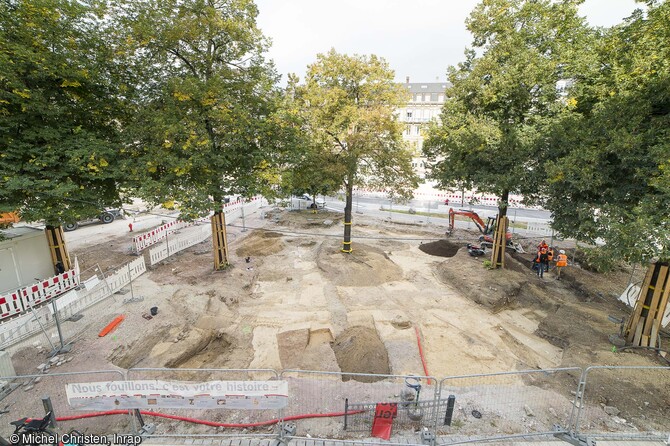 Vue d&rsquo;ensemble de la zone de fouille du site de Strasbourg (Bas-Rhin).