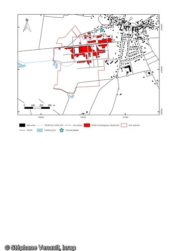 Localisation de l'agglomération antique par rapport au bourg actuel de Saint-Valérien (Yonne). La localité de Saint-Valérien est connue pour abriter les vestiges d'une ville romaine étendue sur une vingtaine d'hectares à l'ouest du bourg actuel à l'emplacement de parcelles qui sont pour la plupart aujourd'hui cultivées. 