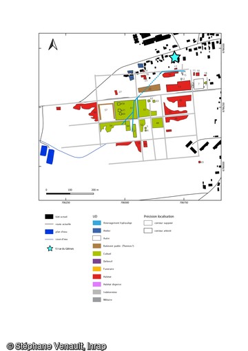 Plan interprété de l'agglomération antique au Haut-Empire à Saint-Valérien (Yonne). Le choix du site de fondation de la ville romaine, réside très probablement dans la présence d'une source d'eau naturelle. Dotée, selon les considérations de l'époque , de vertus prophylactiques, cette eau fur canalisée pour alimenter des thermes publics, mais aussi un complexe cultuel. 