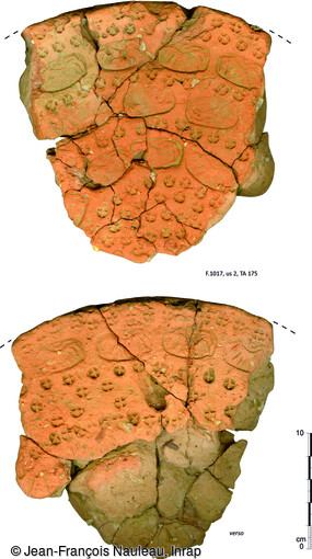 Fragment d'&eacute;l&eacute;ment en terre cuite d&eacute;couvert sur le site de l'atelier de tuileries m&eacute;di&eacute;vales (datant probablement du XIIe si&egrave;cle) &agrave; Beaupr&eacute;au-en-Mauges (Maine-et-Loire) en 2020. Il porte sur son avers et son revers, des s&eacute;ries d'estampilles repr&eacute;sentant un loup &agrave; queue en panache, et des empreintes de poin&ccedil;ons cruciformes organis&eacute;es en s&eacute;ries concentriques. 
