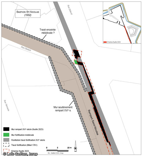 Plan du tracé des remparts du XVIe siècle à l'intersection des rues Diderot et Dietsch à Dijon (Côtes-d'Or) avec emplacement des observations de 2023 concernant l'enceinte médiévale et le bastion Saint-Nicolas construit en 1552. 