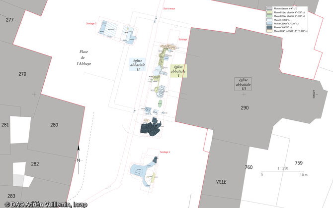 Plan phasé de synthèse des vestiges mis au jour en 2022 et 2023 par l'Inrap de l'abbaye à Baume-les-Dames (Doubs). 