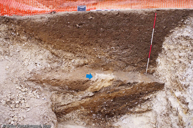 Coupe stratigraphique de la fosse d'extraction dégagée au sud-ouest de l'emprise de la fouille de l'établissement antique de Sainte-Catherine (Pas-de-Calais). Elle date de la première phase d'occupation, début du 1er siècle avant notre ère. La flèche bleue pointe de la chaux découverte au centre du comblement. 