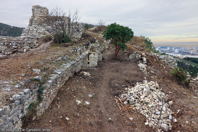 La porte du château Saint-Marcel de Marseille (Bouches-du-Rhône) encadrée par deux archères (l'archère nord a disparu) et l'arbousier de Chypre planté au milieu.