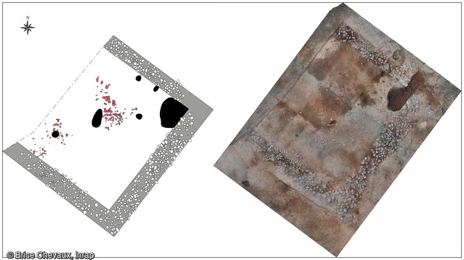 Vectorisation et orthophoto du bâtiment sur solins de galets à partir de l'acquisition photogrammétrique, vestige d'un habitat étrusque du VIe-IVe siècle avant notre ère à Ghisonaccia (Haute-Corse).