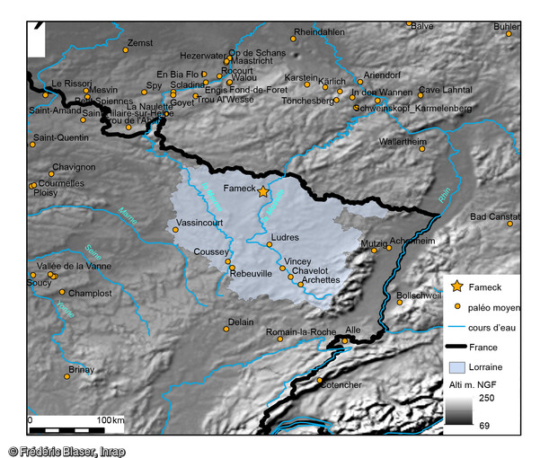 Carte des sites stratifi&eacute;s du Pal&eacute;olithique moyen autour de Fameck (Moselle) 