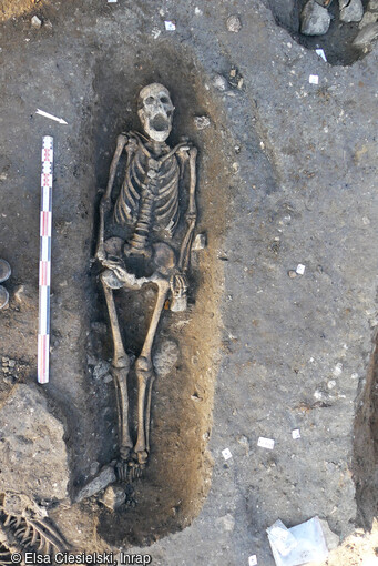 Individu inhumé avec une aiguille os près de l'épaule droite, mis au jour à La Flotte sur l'île de Ré (Charente-Maritime).