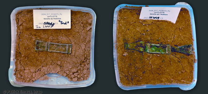 Boucle et éléments de ceinture en alliage cuivreux, décors de bossettes et entrelacs découverts dans une inhumation à La Flotte sur l'île de Ré (Charente-Maritime). Le décor de la boucle de ceinture à décor d'entrelacs évoque le monde anglo-Saxon. L'observation du mobilier retrouvé au cours de la fouille tend à rapprocher celui-ci de la culture matérielle des sociétés de la mer du Nord et n'a pas d'équivalent en France ce qui rend les comparaisons difficiles. Les analyses de ces matériaux permettront de connaître leur origine.