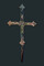Croix avec figuration du Christ sur une croix en alliage cuivreux doré, vers le XIVe siècle, provenant d'une inhumation à La Flotte sur l'île de Ré (Charente-Maritime).