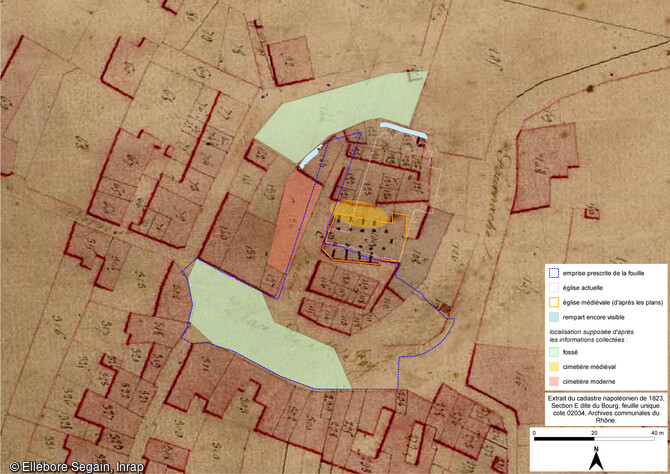 Report des vestiges médiévaux principaux attendus sur le cadastre napoléonien de 1823, Sainte-Foy-Lès-Lyon (Rhône).