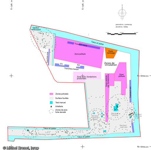 Relev&eacute; topographique du site Gustave Eiffel &agrave; Tours (Indre-et-Loire). Travaux r&eacute;alis&eacute;s au sein de l'emprise et situation des secteurs de fouille avec une plus grande densit&eacute;s d'artefacts lithiques du Pal&eacute;olithique. 