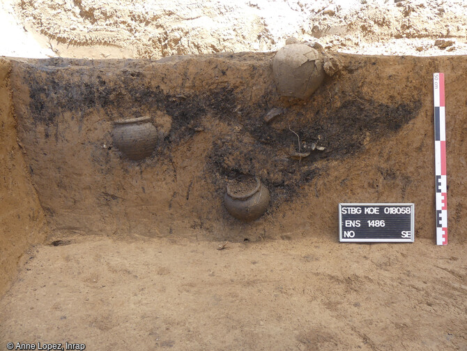    Vue en coupe de la superposition de trois dépôts de crémation secondaires, Strasbourg (Bas-Rhin), 2024.             