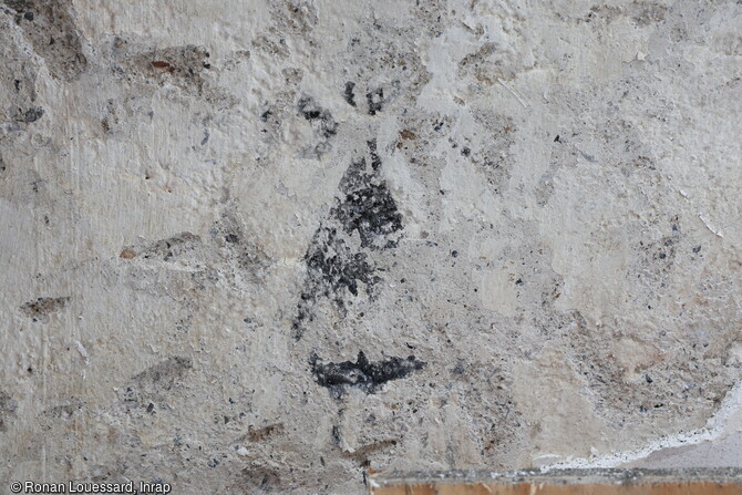 Représentation d'une hermine, XIVe -XVe siècle, découverte dans le couvent des Jacobins, à l'occasion de l'étude du bâti de la fouille de Morlaix (Finistère), 2025.  L'hermine etait associée à la pureté morale. C'est Pierre de Dreux (1187-1250), duc de Bretagne, qui ajouta en premier l'animal au blason de son père. 