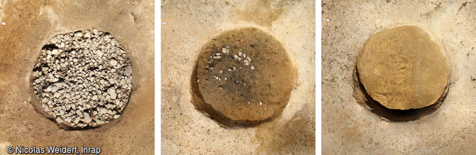 Trois états du foyer à pierres chauffées du Néolithique ancien sur le site du Domaine de la Vallée Verte à Marseille (Bouches-du-Rhône). Ce foyer spectaculaire de 2 m de diamètre, est daté de 5000 ans avant note ère. 