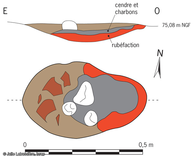 Plan et coupe d'un possible atelier métallurgique de l'âge du Bronze final mis au jour sur le site du Domaine de la Vallée Verte à Marseille (Bouches-du-Rhône).