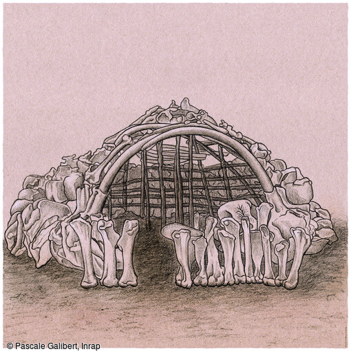 Reconstitution de la&nbsp;cabane de Molodova construite en ossements de mammouths,&nbsp;habitat en plein air de l&rsquo;&eacute;poque n&eacute;andertalienne.