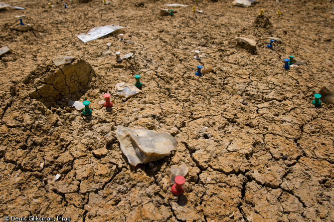 Silex taillés. Fouille du site mésolithique (8200-7500 avant notre ère) rue Farman à Paris, 2008.  Les silex taillés mis au jour correspondent pour la plupart à des déchets de fabrication d'armatures de flèches microlithiques.