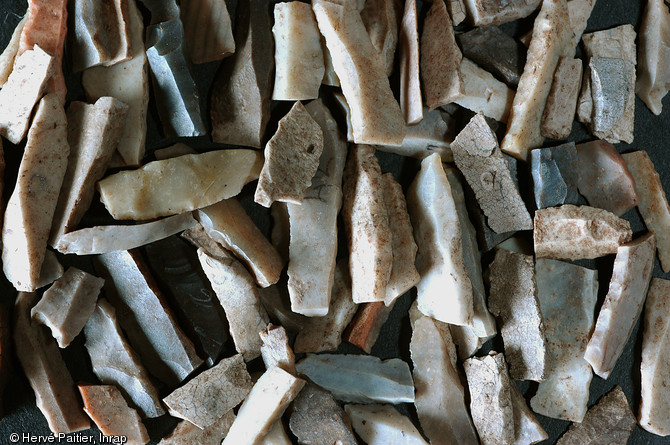 Lot d'armatures de fl&egrave;ches datant du m&eacute;solithique moyen et d&eacute;couverte &agrave; Flamanville (Manche), 2007.  Ces armatures associent trois principales classes : pointes &agrave; base non retouch&eacute;e, lamelles &agrave; bord abattu et triangles scal&egrave;nes. 