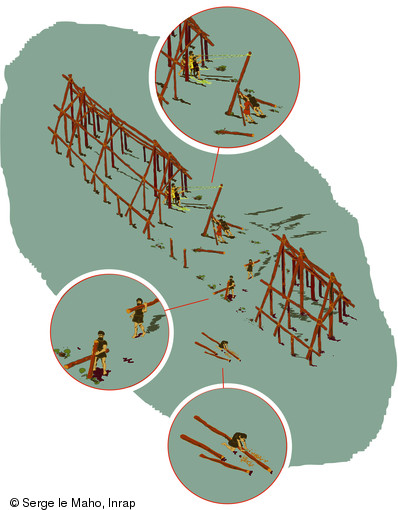 Restitution de la première phase de construction (mise en place de la charpente) d'une maison Villeneuve-Saint-Germain, Aubevoye (Eure), 2003.  Les vestiges exhumés lors de l'opération permettent de reconstituer les techniques de construction employées par ces premiers agriculteurs. 