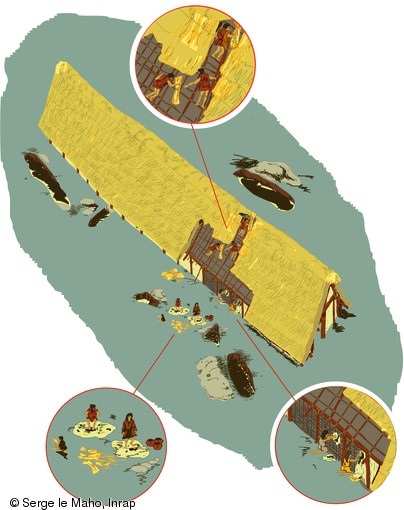 Restitution de la deuxième phase de construction (fabrication des murs en torchis et du toit en couverture végétale) d'une maison Villeneuve-Saint-Germain à Aubevoye (Eure), 2003.  Les techniques de construction ainsi que le mode de vie de ces premiers agriculteurs ont pu être restitués grâce aux trous de poteaux qui formaient l'ossature des bâtiments ainsi qu'au riche mobilier archéologique retrouvé dans des fosses attenantes. 