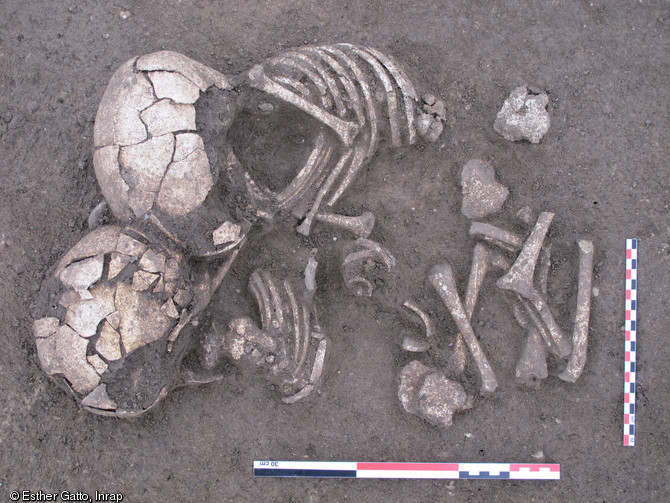 Sépulture double de jeunes enfants sur le site des Queyriaux à Cournon-d'Auvergne (Puy-de-Dôme) datée du Néolithique moyen ou du Bronze moyen, 2011.  Le contact des deux têtes et le fait que les membres inférieurs du sujet de gauche soient placés entre les membres inférieurs du sujet de droite attestent la simultanéité du dépôt. 