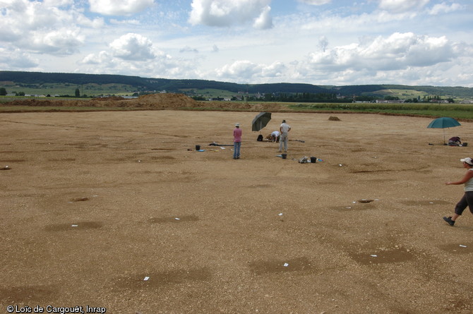 Fouille men&eacute;e &agrave; Gevrey-Chambertin (C&ocirc;tes-d'Or) en 2008.  Pr&egrave;s de 12 000 m2 ont &eacute;t&eacute; fouill&eacute;s. La moiti&eacute; de cette superficie &eacute;tait couverte de plus de 300 fosses align&eacute;es, &agrave; l'image de celles visibles au premier plan, interpr&eacute;t&eacute;es comme des vignes gallo-romaines. 