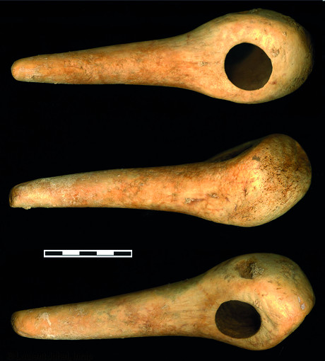Lame de pioche perfor&eacute;e en bois de cerf, mine de silex de Ri (Orne), 2007.  Des centaines d'objets en bois de cerf ont &eacute;t&eacute; mis au jour dans les puits d'extraction.  Photo publi&eacute;e dans le num&eacute;ro 22 de la revue de l'Inrap Arch&eacute;opages. 