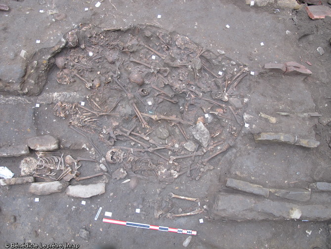 S&eacute;pulture collective du XIIIe&nbsp;s. d&eacute;couverte au sud de la coll&eacute;giale Saint-Martin de Brive (Corr&egrave;ze), 2012.Trente individus y &eacute;taient inhum&eacute;s.
