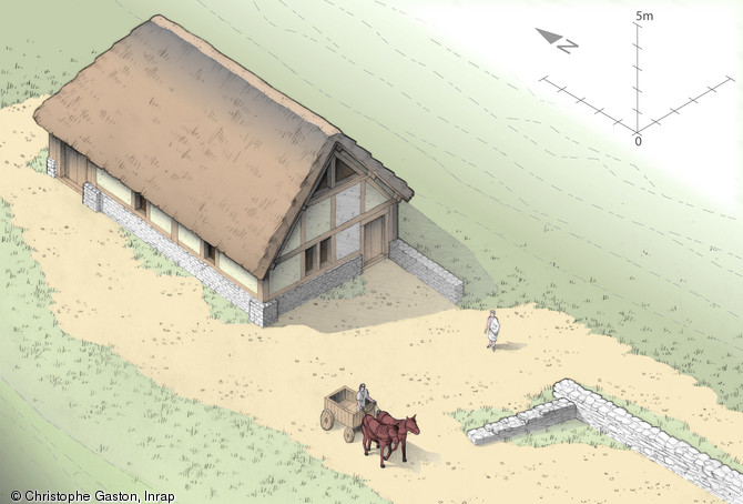 Restitution du petit b&acirc;timent agricole gallo-romain de la Peute Combe &agrave; Plombi&egrave;res-les-Dijon (C&ocirc;te-d'Or), 2009.