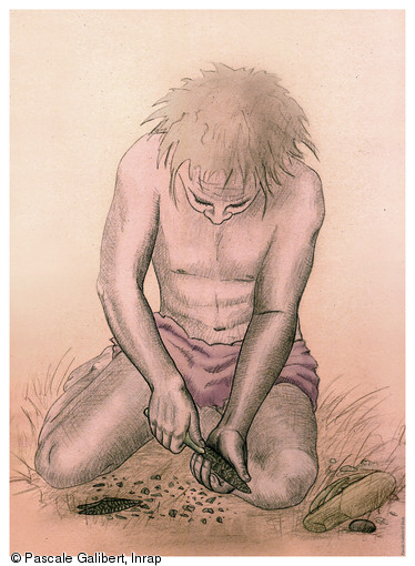 Finition d'une feuille de Laurier. Technique : pression &agrave; l'aide d'un retouchoir en bois de cervid&eacute;.