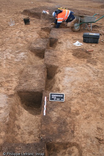 Fouille en quinconce de l'enceinte à  pseudo-fossé  mise au jour à Vendenheim (Bas-Rhin), première moitié du Ve millénaire avant notre ère, 2013.Cette technique de fouille permet d'individualiser avec précision les différents creusements mis en oeuvre pour réaliser l'enceinte. Ce type d'enceinte a probablement une fonction cérémonielle.