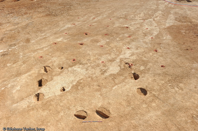 B&acirc;timents annexes &agrave; l'ext&eacute;rieur de l'enclos, ferme gauloise d'Andilly (Charente-Maritime), IIe-Ier s. avant notre &egrave;re, 2012.  Construits en mat&eacute;riaux p&eacute;rissables, ne subsistent de ces b&acirc;timents que les emplacements des poteaux porteurs. 