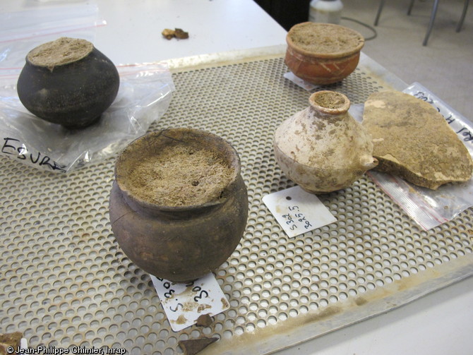 Mobilier funéraire provenant de la fouille de la nécropole de la  Haute-Cour  à Esvres (Indre-et-Loire), 2013.Le sédiment contenu dans les poteries est analysé, les vases seront dessinés et photographiés.