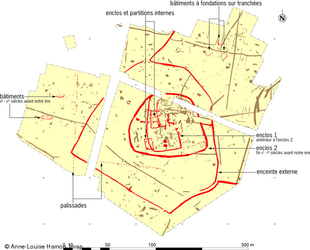 Plan général de la ferme gauloise mise au jour à Vitré (Ille-et-Vilaine), IIe-Ier s. avant notre ère, 2006.