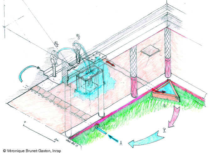 &Eacute;vocation du bassin de la  domus au nymph&eacute;e priv&eacute;  fouill&eacute;e &agrave; Meaux (Seine-et-Marne) en 2011.&nbsp;    Dessin publi&eacute;e dans le num&eacute;ro 36 de la revue de l'Inrap&nbsp;Arch&eacute;opages.