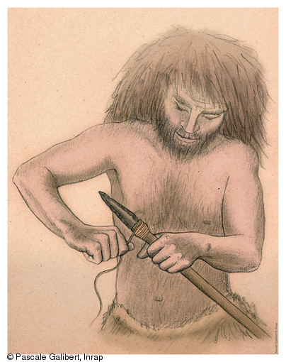 Ligature d'une pointe en silex sur une hampe en bois