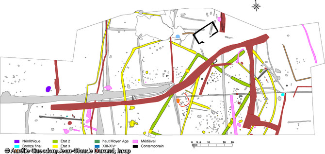 Plan général des structures archéologiques mises au jour sur le site de La Massuère à Brielles (Ille-et-Vilaine), 2012.