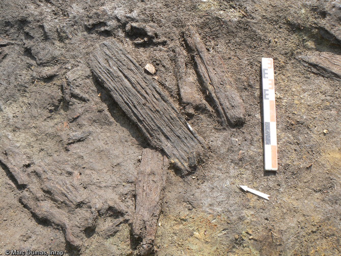 Vestiges de planches mis au jour dans le foss&eacute; d'enclos d'un &eacute;tablissement agricole m&eacute;di&eacute;val &agrave; Saint-Corneille (Sarthe), 2011.La v&eacute;ritable mise en place de l'&eacute;tablissement intervient aux XIIIe-XIVe&nbsp;s. &nbsp;